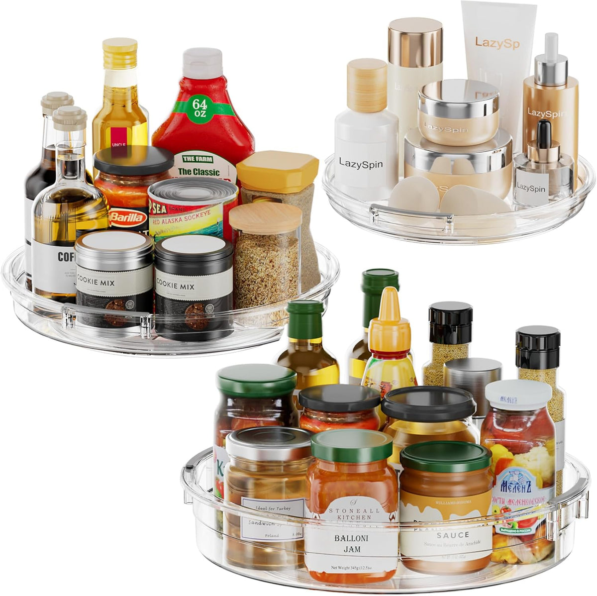 3 Pack Lazy Susan Organizer, Clear Lazy Susan Turntable Organizer for Cabinet, Kitchen, Refrigerator, Pantry, Bathroom, Rotating Spice Organization, 3 Size 9.25'' 10.6'' 12'', Acrylic