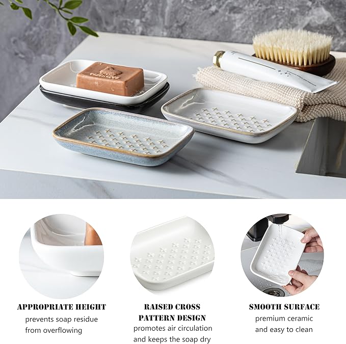 Gomakren Soap Dish, Shower Soap Holder, Ceramic Soap Dishes for Bar Soap Sponge Shampoo, Soap Saver Tray for Bathroom Kitchen Sink Counter, 5.5 Inch, White