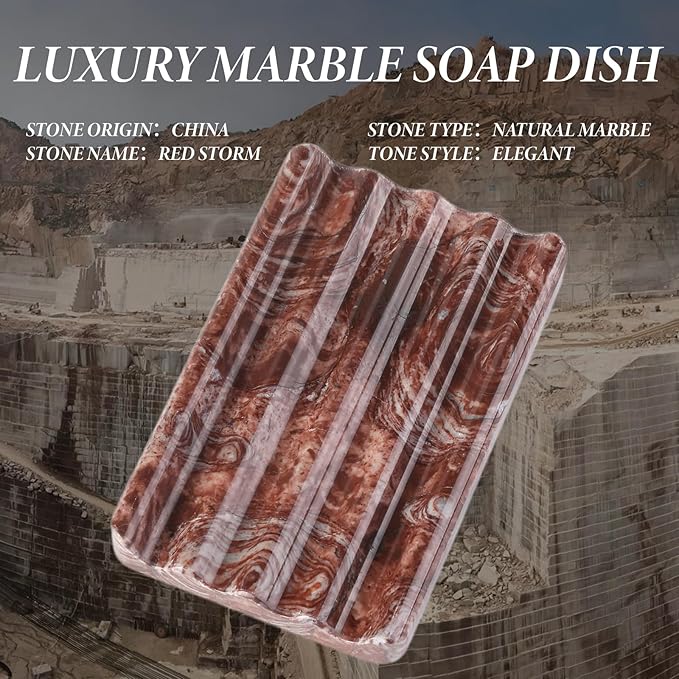 Koville Natural Marble Soap Dish for Shower, Red Marble Soap Tray for Bathroom, Bar Soap Holder for Sink, Stripe Grooves Saver Stone Soap Dish Keep Soap Bars Dry Easy Clean(Red Storm)