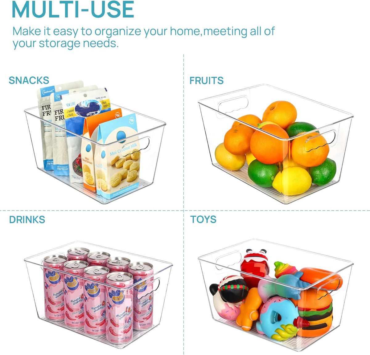Vtopmart Clear Plastic Pantry Organizer Bins, 6 PCS Food Storage Bins with Handle for Refrigerator, Fridge, Cabinet, Kitchen, Countertops, Cupboard, Freezer Organization and Storage, BPA Free, Large