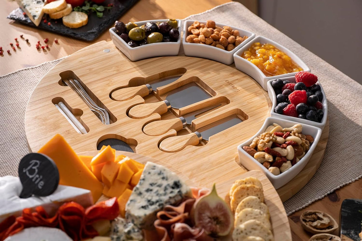Charcuterie Cheese Board and Platter Set - Made from Bamboo Wood - US Patented 16 inch Cheese Cutting Board and Knife for Entertaining and Serving - 4 Knives - 5 Bowls - 2 Cheese Markers - 4 Forks