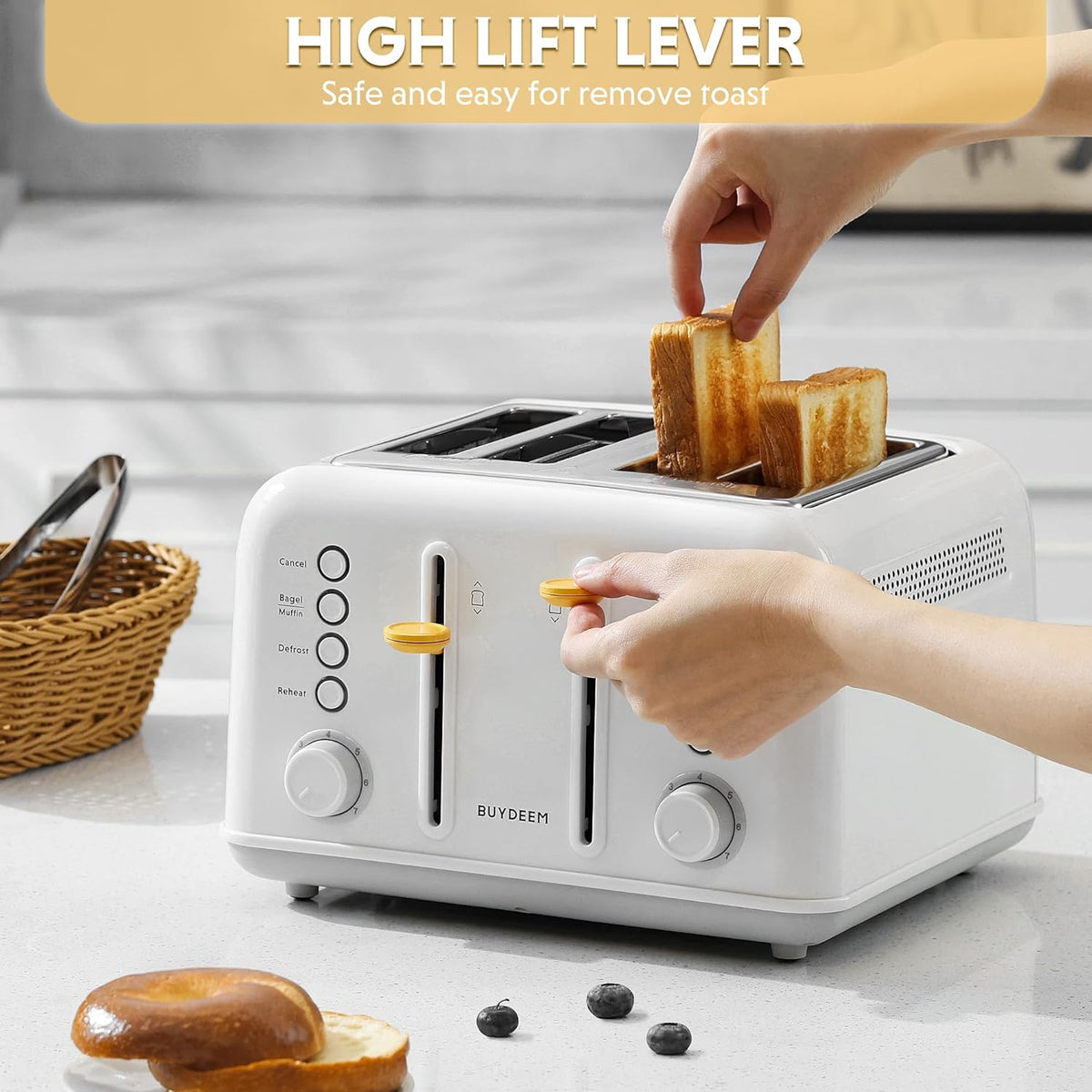 BUYDEEM DT640 4-Slice Toaster, Extra Wide Slots, Stainless Steel with High Lift Lever, Bagel and Muffin Function, Removal Crumb Tray, 7-Shade Settings, Arctic White