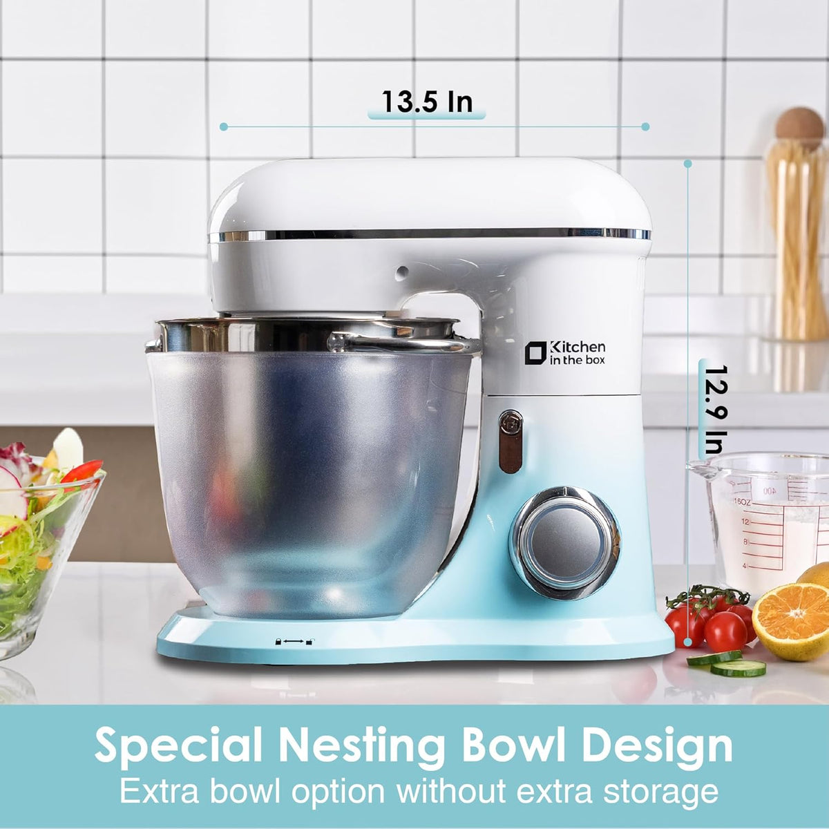 Kitchen in the box Stand Mixer, 5QT + 4.5QT Two bowls Electric Food Mixer, 10 Speeds Kitchen Mixer for Daily Use with Egg Whisk,Dough Hook,Flat Beater (Gradient Blue, 5QT)
