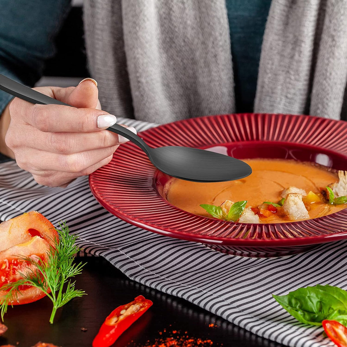 Matte Black Dinner Spoons Set of 12, E-far 7.9 Inch Stainless Steel Soup Spoons Tablespoons for Home, Kitchen or Restaurant, Non-toxic & Mirror Polished, Squared Edge & Dishwasher Safe