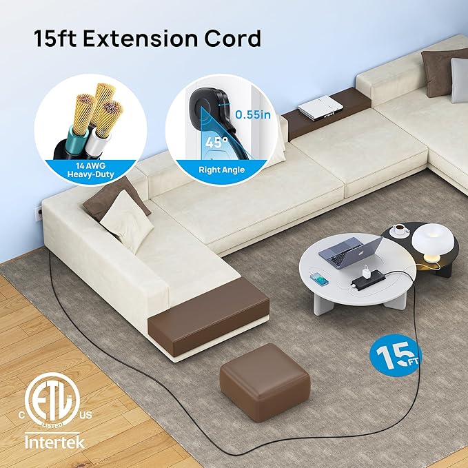 TROND Power Strip Surge Protector, Flat Plug 15ft Long Extension Cord, 10 Widely Spaced AC Outlets, 2 USB A & 2 USB C Ports, 4000J, ETL Listed, Wall Mountable, for Home Office Entertainment, Black