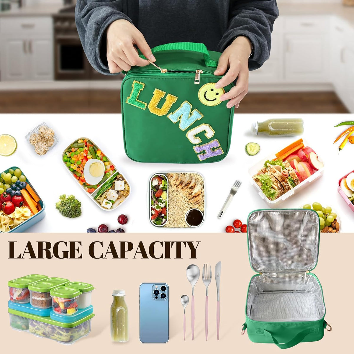 Insulated Lunch Bag With Adjustable Shoulder Strap, Nylon Preppy Lunch Box Large Insulated Lunch Bag Reusable Lunch Tote Bag with Smiley Preppy LunchBag for Girls School Travel Picnic (Dark green)
