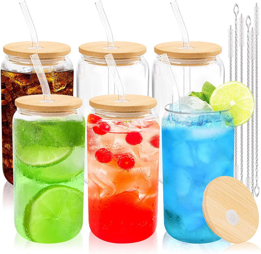 Joyclub Glass Cups with Bamboo Lids and Straws 6 Set 16 oz Reusable Iced Coffee Cup Beer Can Drinking Jars for Smoothie Whiskey Boba Soda Tea Gift