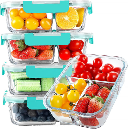 KOMUEE Glass Meal Prep Containers 3 Compartments, 5 Pack 36 oz, Glass Food Storage Containers with Lids, Airtight Lunch Bento Box, Portion Control, Freezer and Microwave Safe, Green