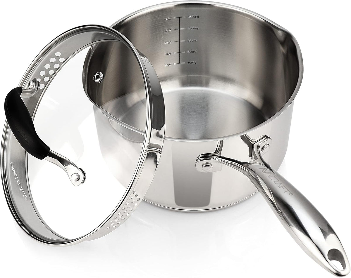 AVACRAFT Stainless Steel Saucepan with Glass Lid, Strainer Lid, Two Side Spouts for Easy Pour with Ergonomic Handle, Multipurpose Sauce Pan, Sauce Pot (5-Ply Capsule Bottom, 3.5 Quart)
