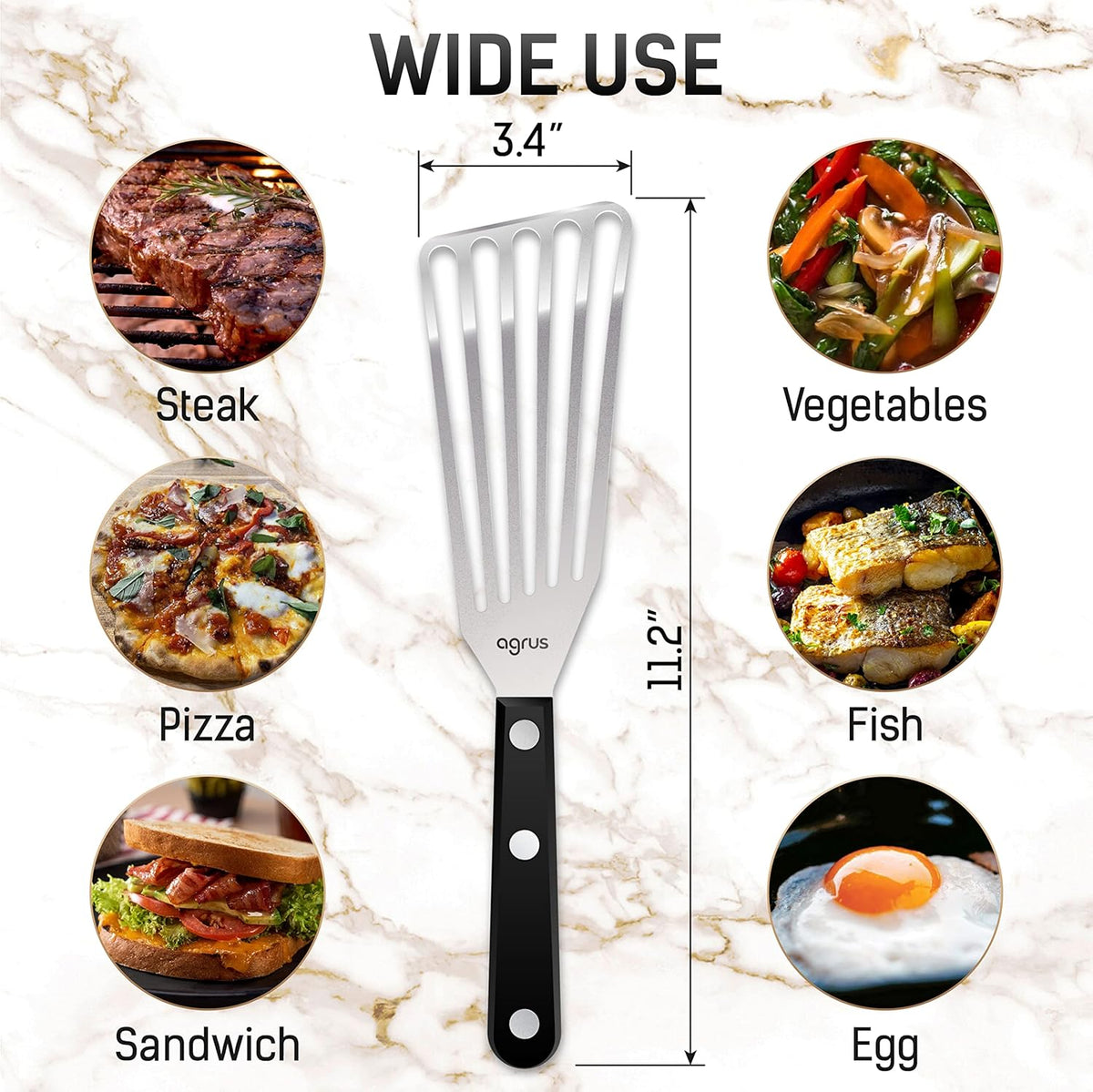 Fish Spatula Stainless Steel, Size 11 inch, Blade 6.5 inch, Plastic Handle, Flexible Metal, Angled Slotted Turner