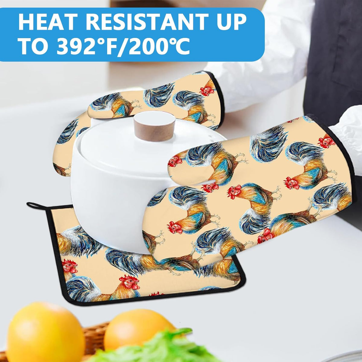 Watercolor Rooster Oven Mitts and Pot Holders Sets Heat Resistant 4Pcs Potholders Oven Gloves Hot Pads for Kitchen Baking Cooking Grilling BBQ