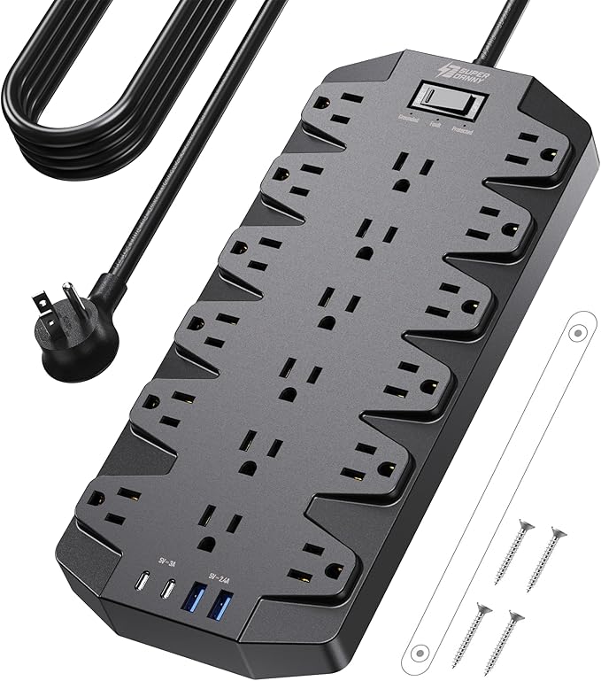 Power Strips with Surge Protection 10 FT, SUPERDANNY 18 AC Outlets and 4 USB Ports, Flat Plug Heavy Duty Extension Cord, 1875W/15A, 2100 Joules for Home, Office, Dorm, Black