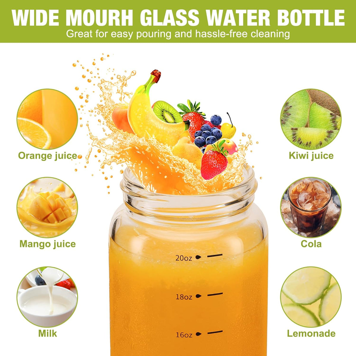 20oz Glass Juice Bottles – 4 Pack Reusable Wide Mouth Bottles with Stainless Steel Lids & Cleaning Brush, BPA-Free Water Bottles for Juicing, Smoothies, Milk, and Protein (600ml)