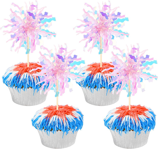 30 PCS Foil Firework Cupcake Toppers Sparkle Tinsel Cupcake Picks Happy Birthday Cake Toppers Drink Stirrers Cocktail Food Fruit Toothpicks for Baby Shower Wedding Party Decorations Supplies Pink