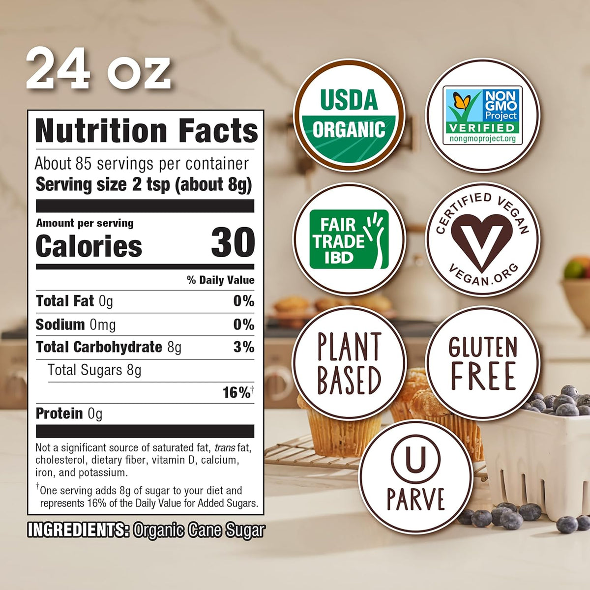 Sugar In The Raw Organic Granulated White Premium Cane Sugar, Pure Natural Sweetener, Hot & Cold Drinks, Coffee, Cooking, Baking, Vegan, Gluten-Free, Non-GMO, Bulk Sugar, 24 oz Bag (1-Pack)
