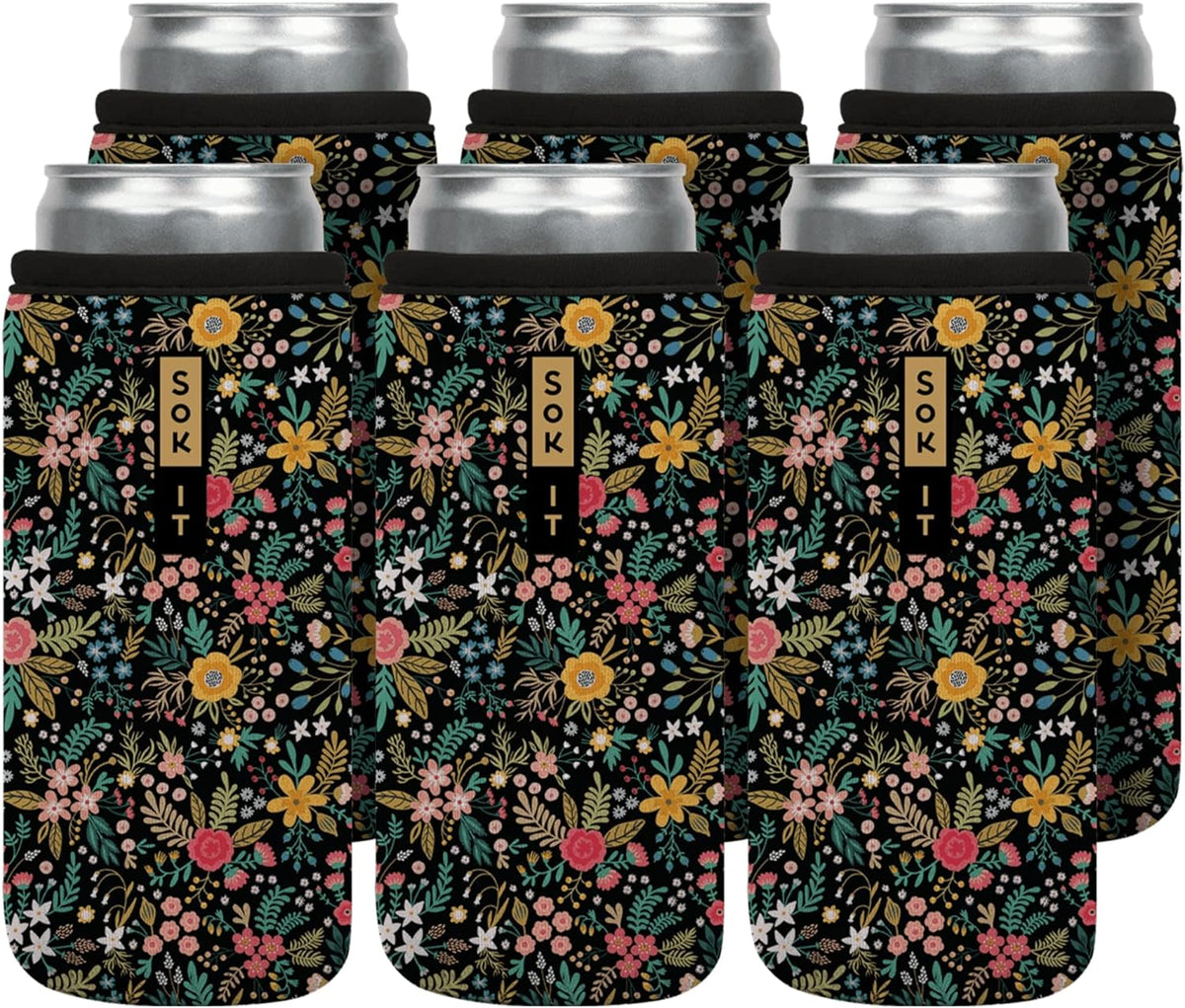 Sok It CanSok 6 Pack Sleeve for Beer & Soda Insulated Neoprene Cover (English Garden Picnic, 12oz Slim Can Sleeve - 6 Pack)