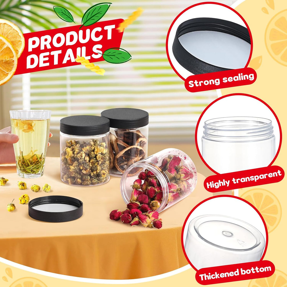 48 PCS 8 OZ Plastic Jars with Screw On Lids,Labels Refillable Empty Round Slime Containers for Storing Dry Food, Honey Jam, Cream, Butter, Lotion, black