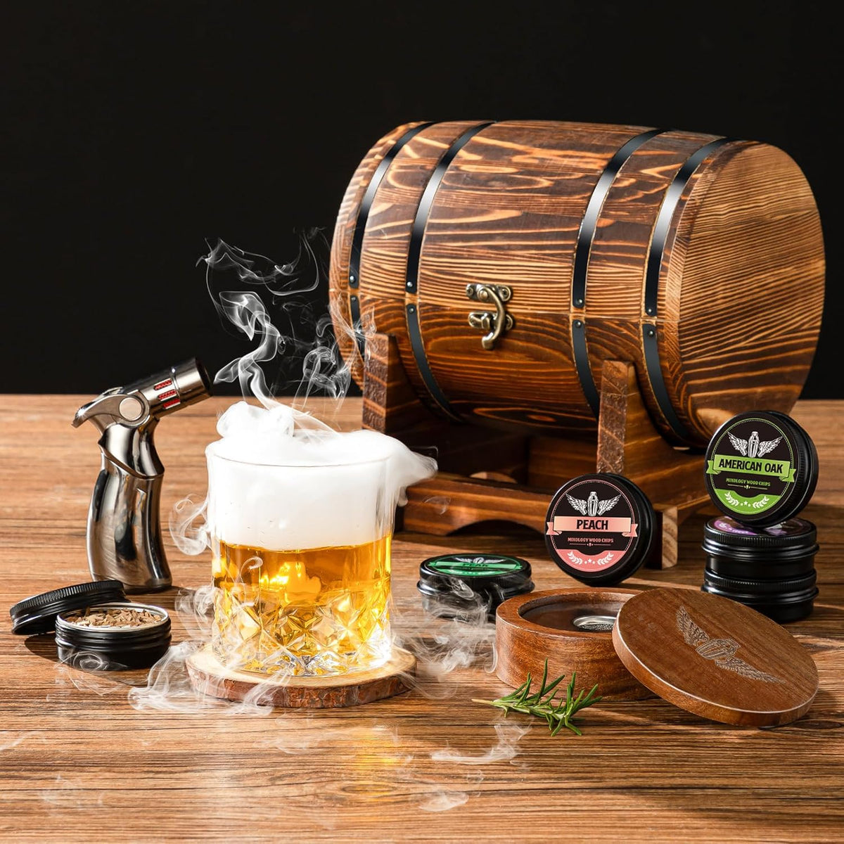 Whiskey Smoker Kit with Charred Wood Barrel (Patent Pending) – Cocktail Smoker with Torch & 6 Premium Wood Chips for Old Fashioned & Whiskey – Perfect Home Bar Gift for Men, Dad, Husband (No Butane)