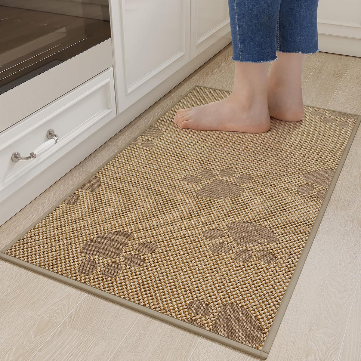 Kitchen Mats for Floor, Super Absorbent Kitchen Rugs Non Slip Washable, Rubber Backing Soft Woven Linen Embroidery Runner Rug, Standing Mat Kitchen Sink Mat, Easy to Clean, Brown 17x30