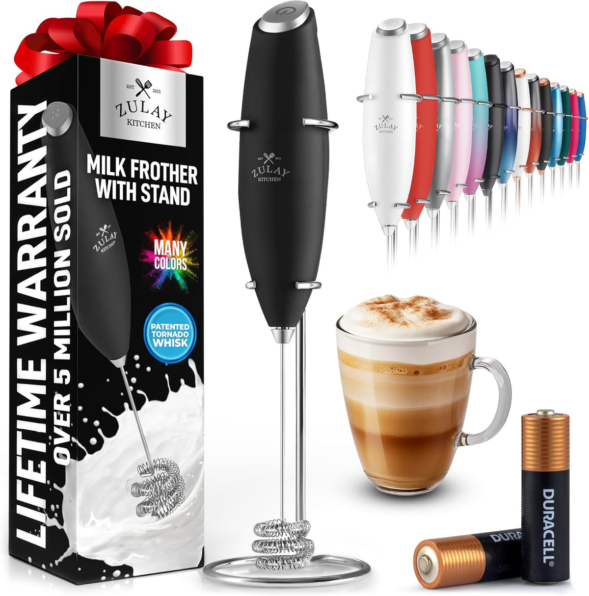 Zulay Kitchen Patented Tornado Triple Whisk Milk Frother with 2 Duracell Batteries – Handheld Foam Maker for Coffee, Lattes, Matcha & Hot Chocolate – Rich, Creamy Froth in Seconds