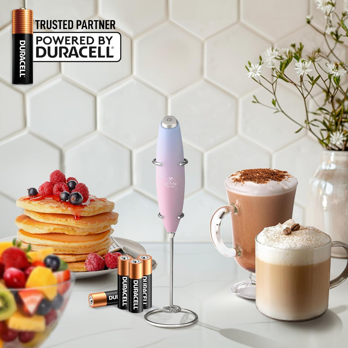 Zulay Kitchen Powerful Milk Frother Wand With 4 AA Duracell Batteries - Ultra Fast Handheld Drink Mixer - Electric Whisk Foam Maker for Coffee, Lattes, Cappuccino, Matcha & Creamer -