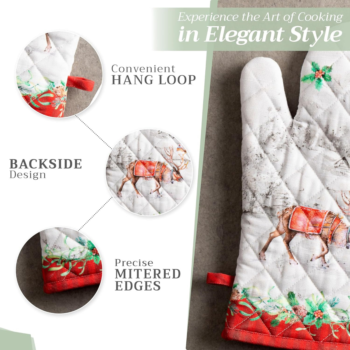 Maison d' Hermine Oven Gloves 100% Cotton Oven Mitt 7" x 13" with Loop Heat Resistant, BBQ, Cooking Gloves, Baking, Grilling, Kitchen, Handling Hot Pans (Pack of 1, Christmas Tradition)