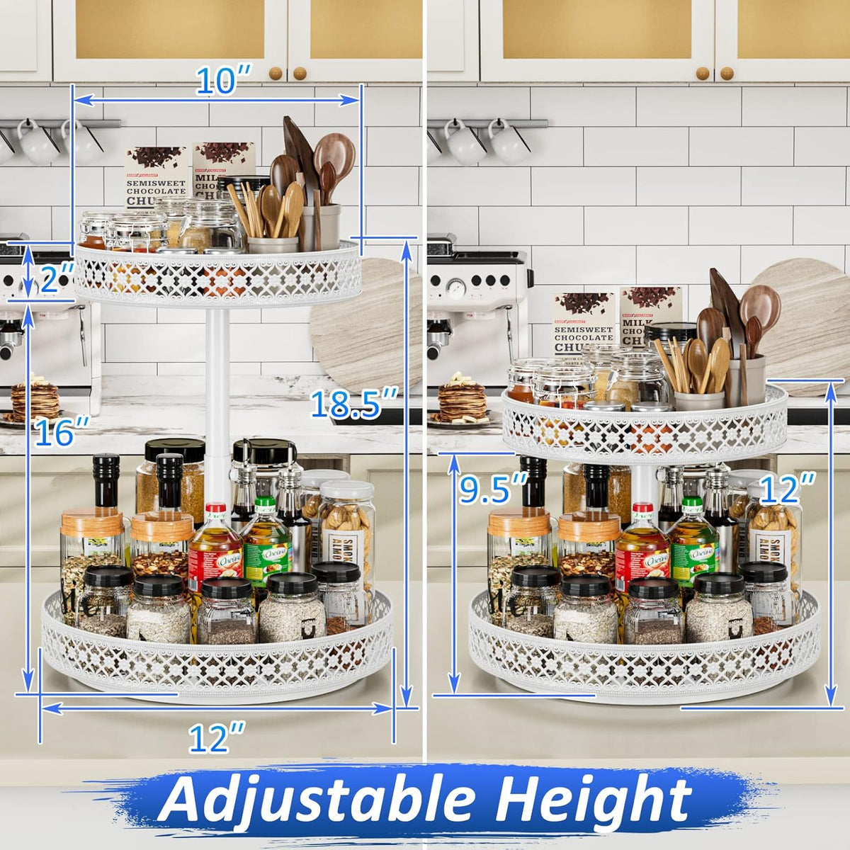 Lazy Susan Organizer 2 Tier - Turntable Spice Rack 12 inch Adjustable Metal Rotating Lazy Susan for Cabinet Pantry Kitchen Countertop Dining Table Cupboard Bathroom Vanity Storage White