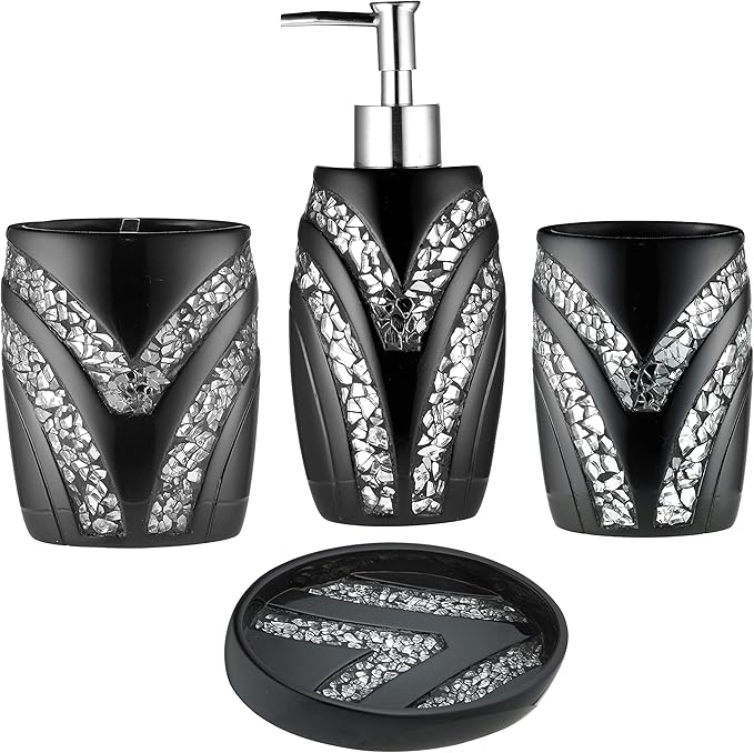 Zahari Home 4pc Sinatra Stylish Bathroom Accessories Set Black Soap Dispenser/Lotion Pump, Tumbler, Tooth Brush Holder and Soap Dish Modern Luxury Decor Bling Mosaic Glass Black Bathroom Accessories