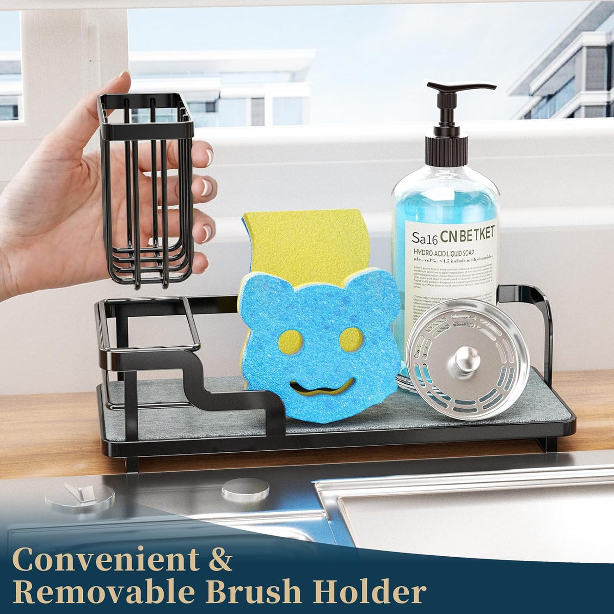 Consumest Sponge Holder for Kitchen Sink - Sink Caddy Organizer with Water Absorbing Stone Tray, Detachable Brush Holder, Stainless Steel Kitchen Counter Organizer Rack, Black