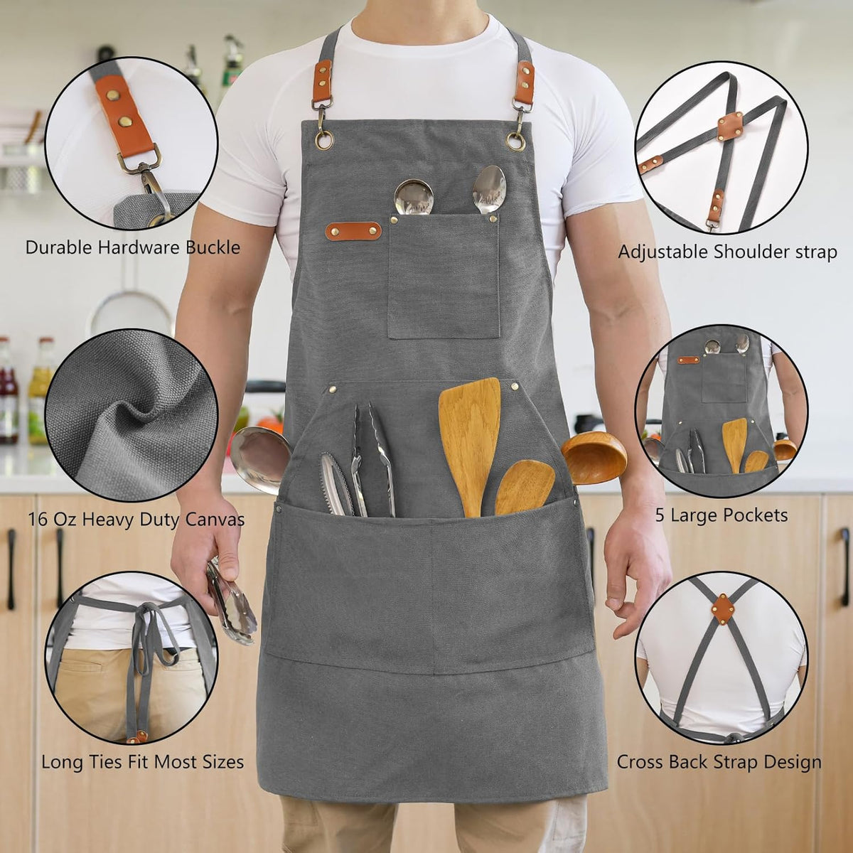 Canvas Aprons for Men Chef Apron, Work Apron with Large Pockets - 16oz Heavy Duty Cross Back, BBQ, Cooking