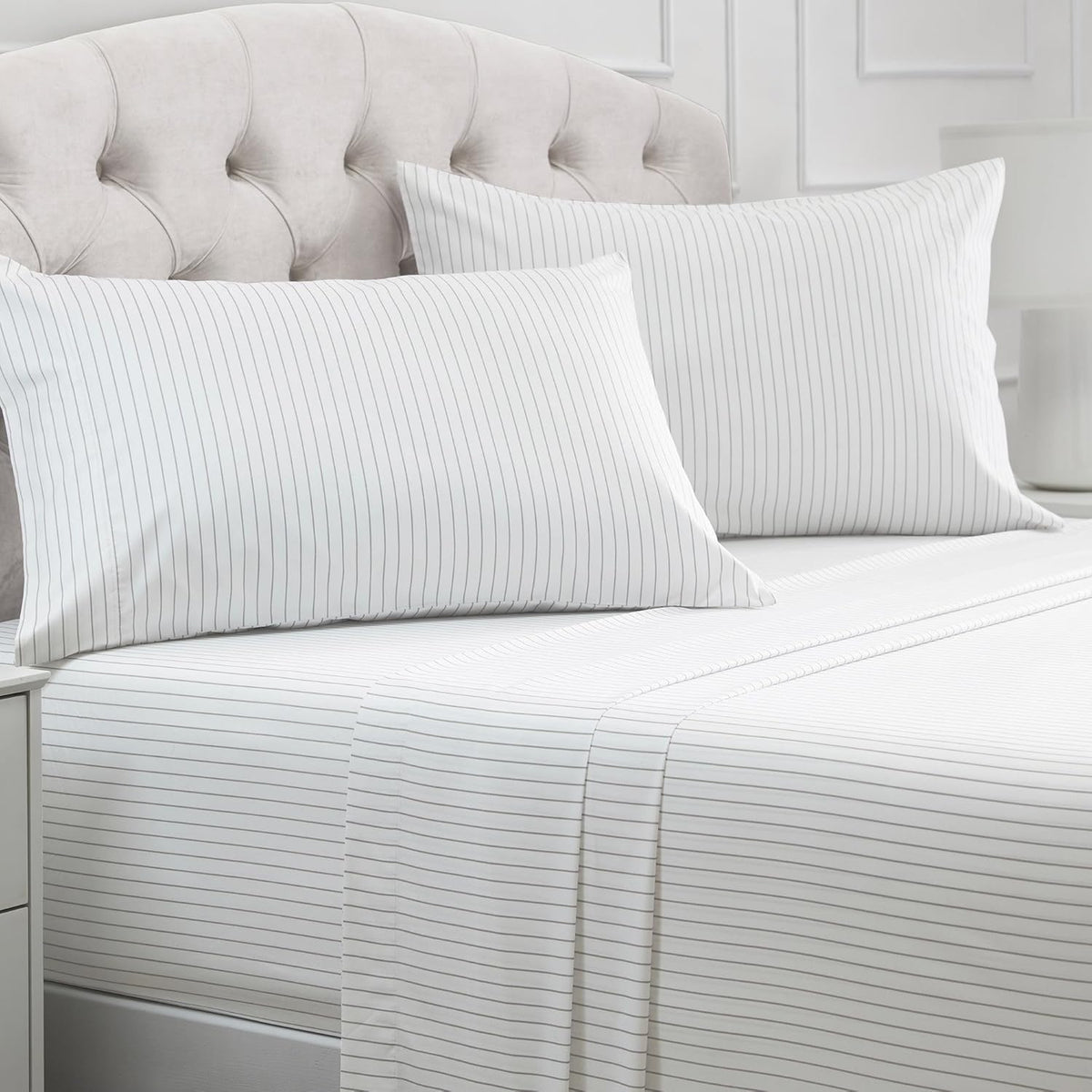 Mellanni California King Sheets Set - 4 PC Iconic Collection Bedding - Hotel Luxury, Extra Soft, Cooling Bed Sheets - Wrinkle, Fade, Stain Resistant (Cal King, Pin Stripe Gray)