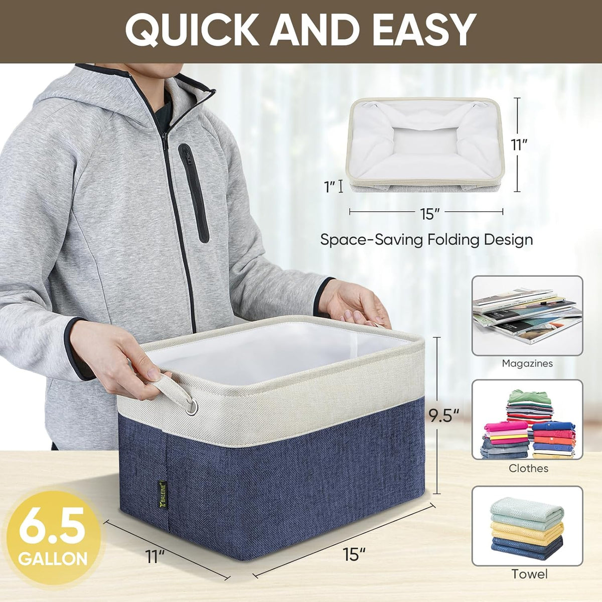 BALEINE 2 Pack Fabric Storage Bins for Shelves, Linen Storage Baskets for Organizing, Decorative Closet Bins for Clothes, Home (Navy Blue, 15"x11"x9.5") ﻿
