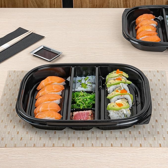 Restaurantware-Bento Tek 50.7 Ounce Meal Prep Containers, 100 Disposable To Go Food Boxes - Lids Sold Separately, 5 Compartments, Black Plastic Bento Lunch Boxes, Freezable, For Take Out