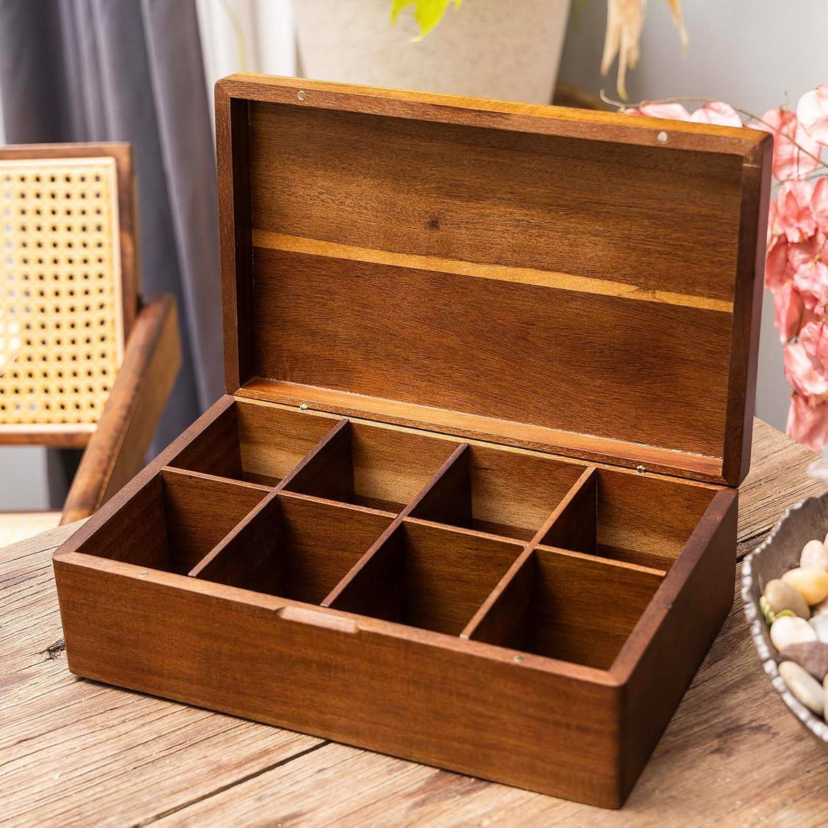 Acacia Wooden Tea Bag Organizers, Tea packet Storage Boxes, Tea Caddy for Tea Bags Chest, Teabag Holder Containers, Teabox Station Display, Organizador De Tes Caja Para Te, 8 Compartments