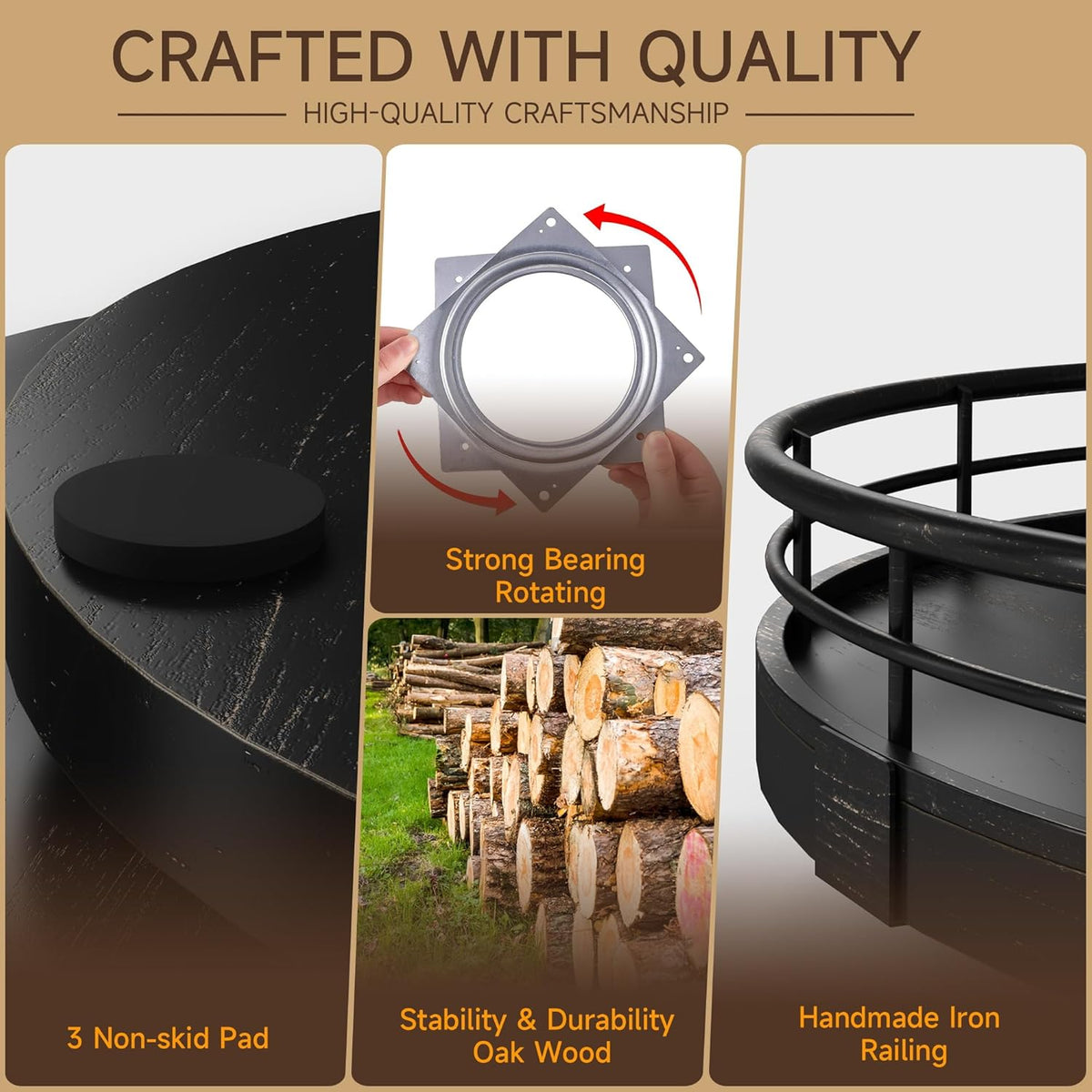 9" Oak Bathroom Vanity Tray Turntable for Perfume Candle, Round Wooden Decorative Tray for Kitchen Sink Countertop Organizer, Bathroom Counter Organizer for Skincare Makeup, Farmhouse Black Gold