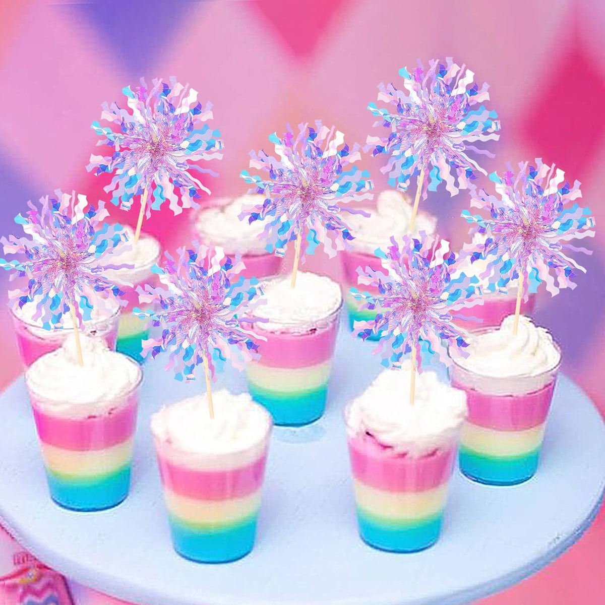 30 PCS Foil Firework Cupcake Toppers Sparkle Tinsel Cupcake Picks Happy Birthday Cake Toppers Drink Stirrers Cocktail Food Fruit Toothpicks for Baby Shower Birthday Party Decorations Supplies Purple