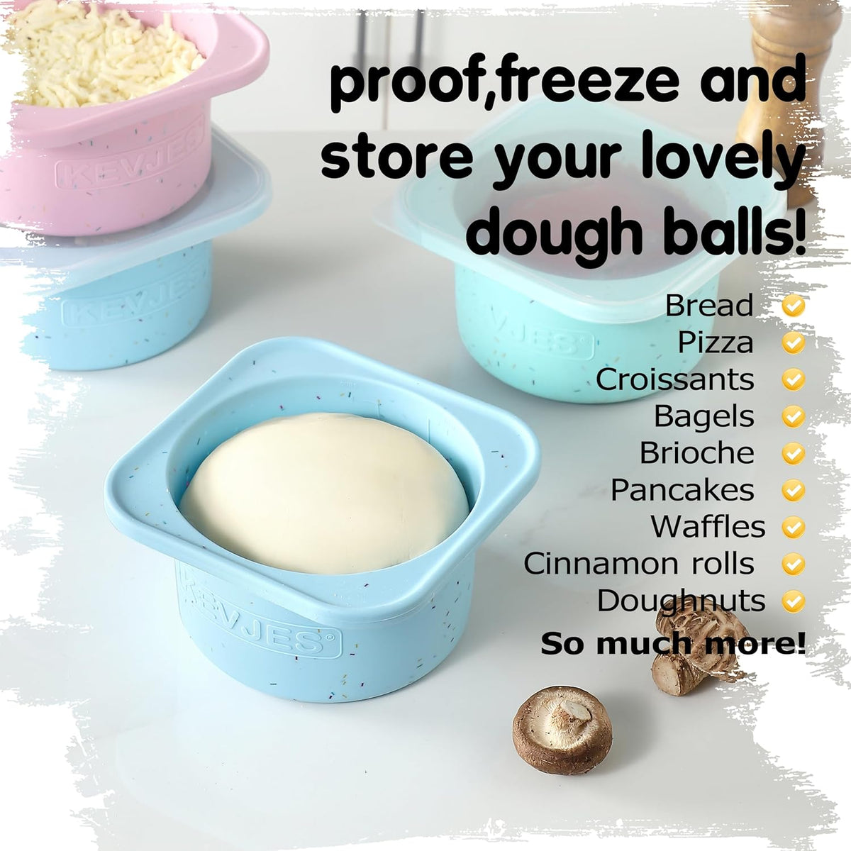 PLUS 1000ml Pizza Dough Proofing Containers for DIY family Artisan Pizza, Food Grade Silicone Stackable Boxes with Lids, Freezer, Fridge, Dishwasher Safe-Sprinkles Pattern-3 Pack (Aqua)