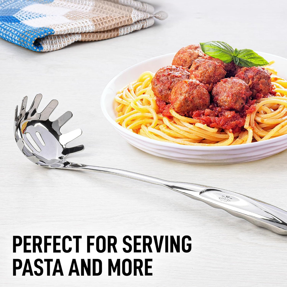 Zulay Kitchen Premium Stainless Steel Spaghetti Spoon - Pasta Spoon with Teeth - Metal Pasta Spoon - Pasta Fork Noodle Spoon - Easy to Use & Clean Pasta Utensil - 12’ Pasta Server