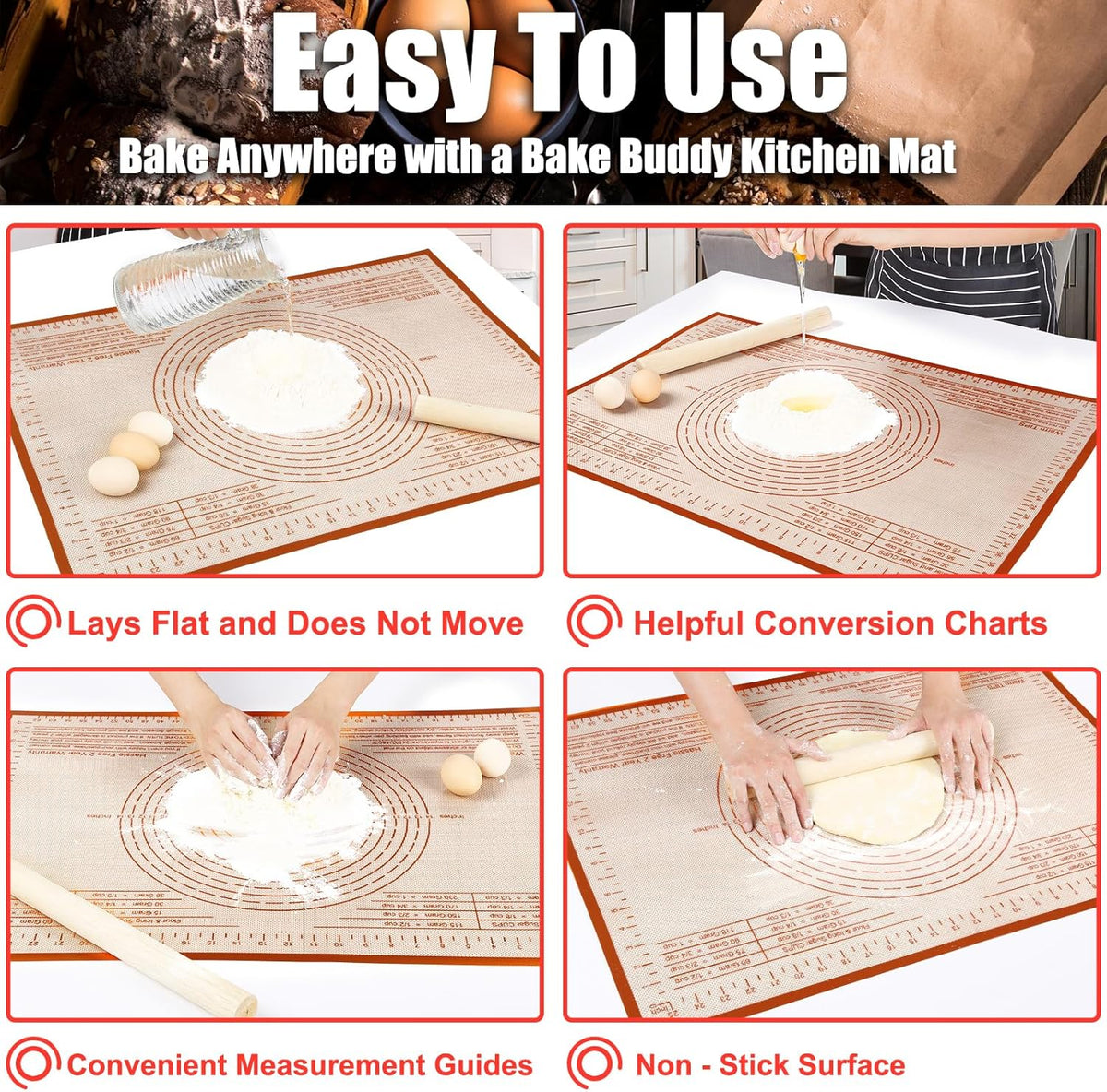 Non-slip Silicone Pastry Mat 28X20 inches Baking Mat with Measurement, Perfect for Dough, Pastry, Pie Crust, Fondant, Cookies, Bread, Pasta, Pizza, Food Grade Kitchen Counter Mats