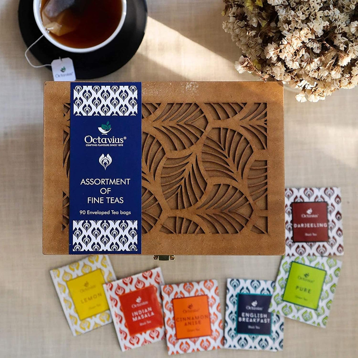 Octavius Tea Gift Set - Assorted Black & Green Tea Bags in Wooden Box | 6 Flavors, 90 Count | Premium Tea Sampler for Women & Men | Wellness Gift, Holiday, Birthday, Office, Corporate Gifting