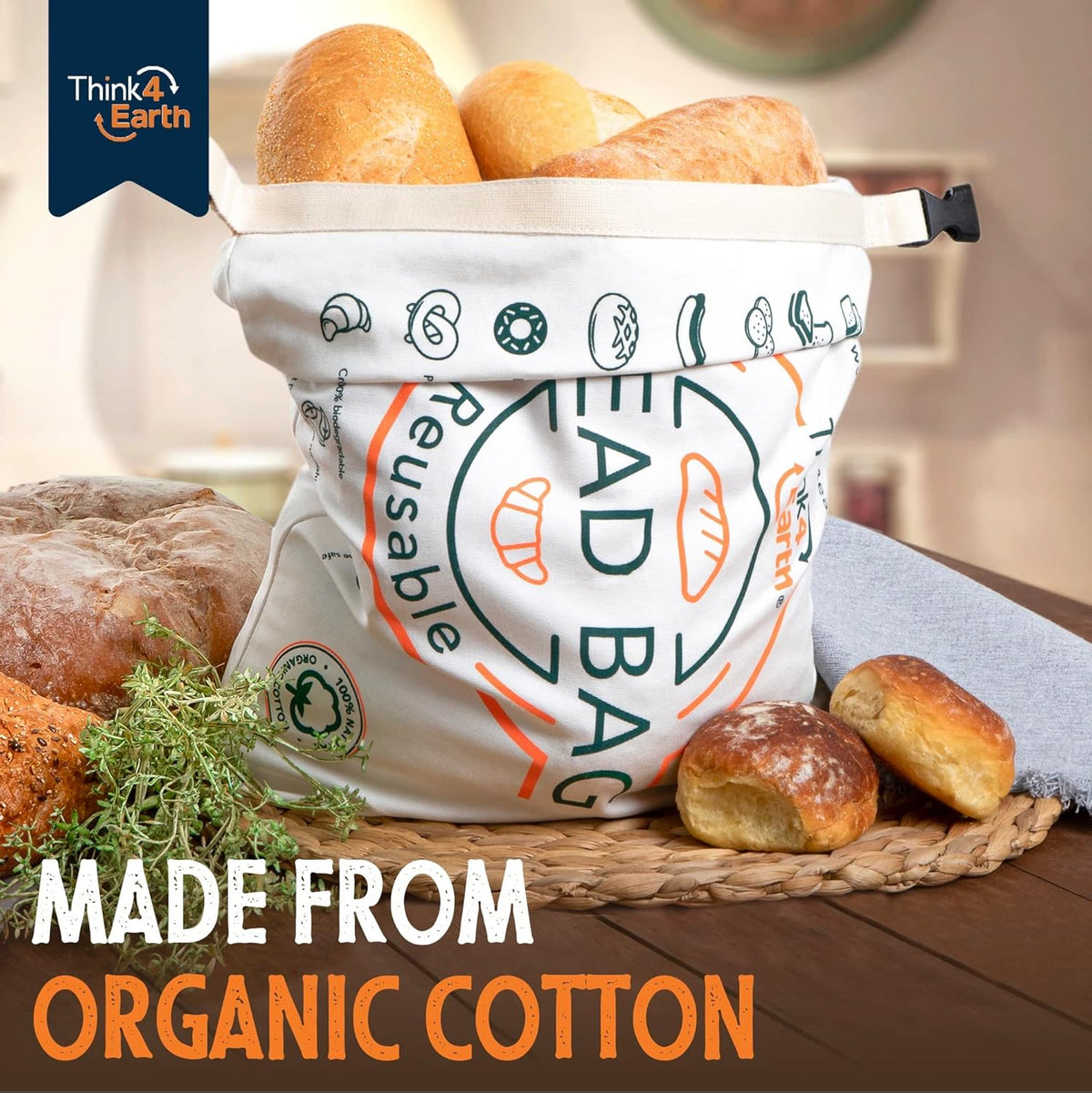 Think4Earth® – Cotton Linen Bread Bag Organic - Reusable Bags for Homemade Loaf Gift Giving - Bread Container for Large Sourdough Loafs – Countertop Cloth Storage and Transport Solution.