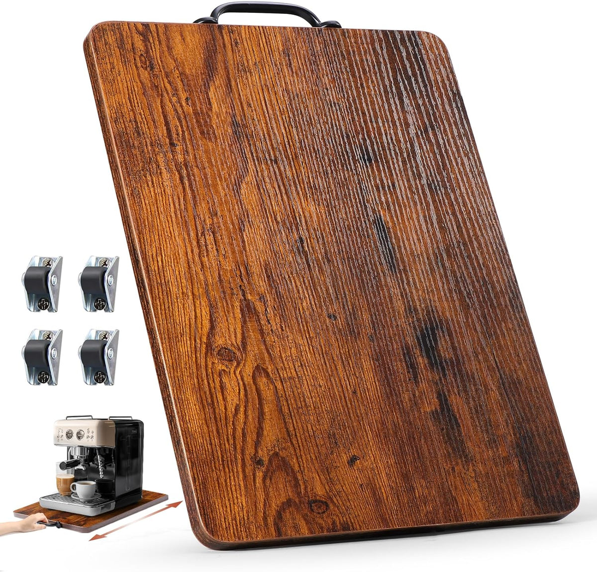 Appliance Slider, Sliding Tray for Coffee Maker, Coffee Pot Slider for Countertop, Kitchen Appliance Rolling Tray with Rubber Wheels (Rustic Brown, Large - Long (12.5” x 16”))