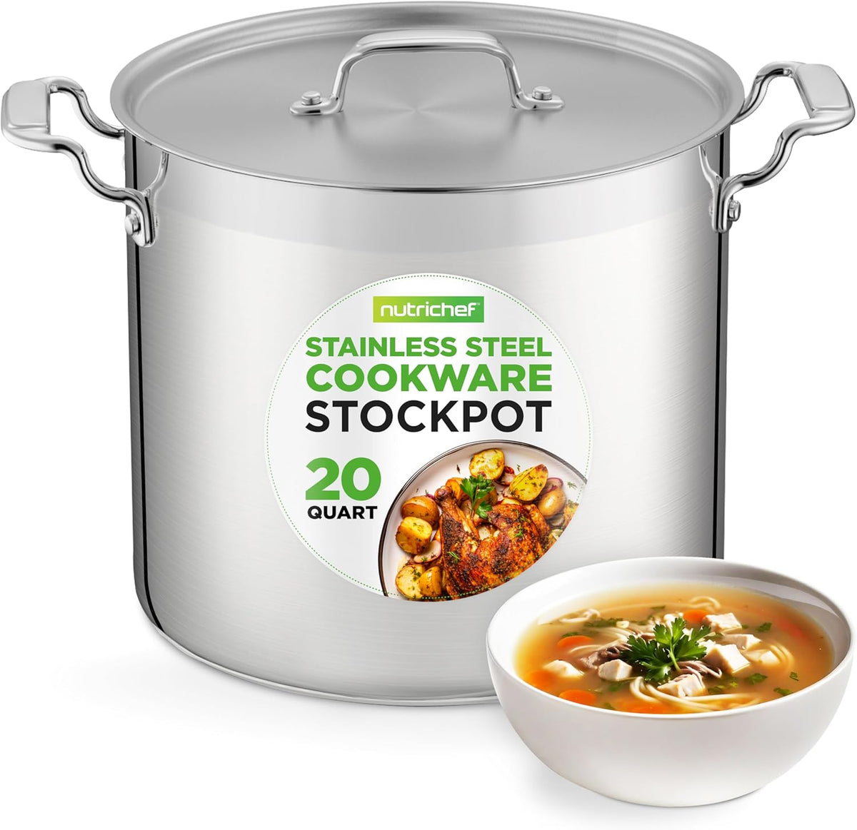 Stainless Steel Cookware Stockpot - 20 Quart, Heavy Duty Induction Pot, Soup Pot With Stainless Steel, Lid, Induction, Ceramic, Glass and Halogen Cooktops Compatible - NCSPT20Q