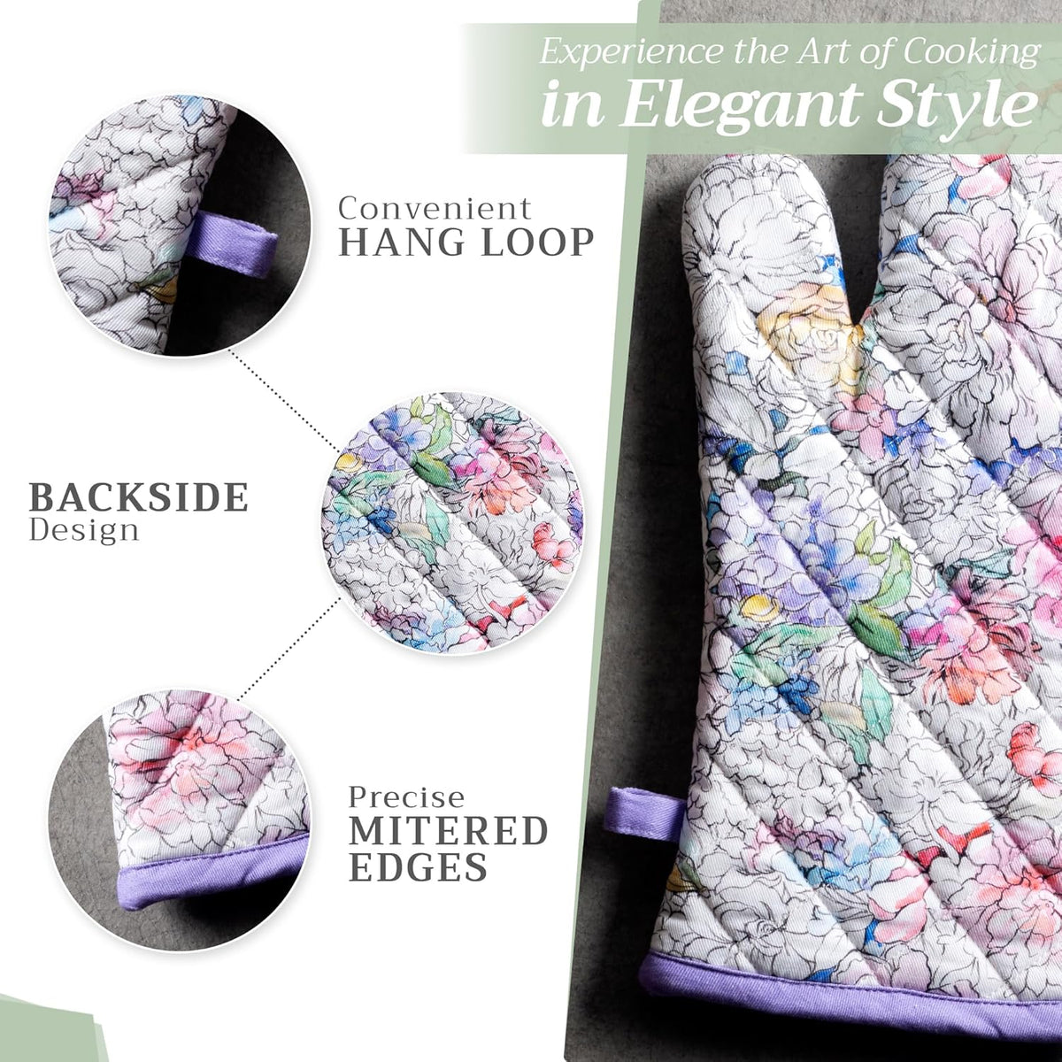 Maison d' Hermine 100% Cotton Oven Mitt & Pot Holder Set (7.5"x13" & 8"x8") Heat Resistant BBQ Cooking Gloves with Loop, Baking, Grilling, Kitchen, Handling Hot Pans Spring/Summer (Floral Love)