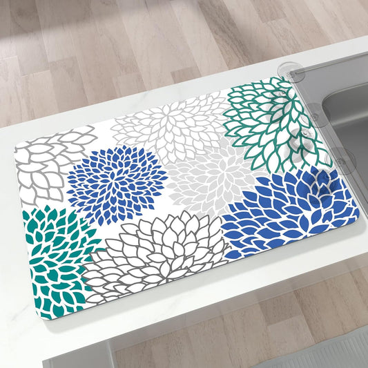Coffee Bar Mat for Countertop, 17" X 28” Super Absorbent Dish Drying Mat, Large Kitchen Counter Mats Fits Under Coffee Maker, Non-slip Espresso Machine Pad, Outlined Floral