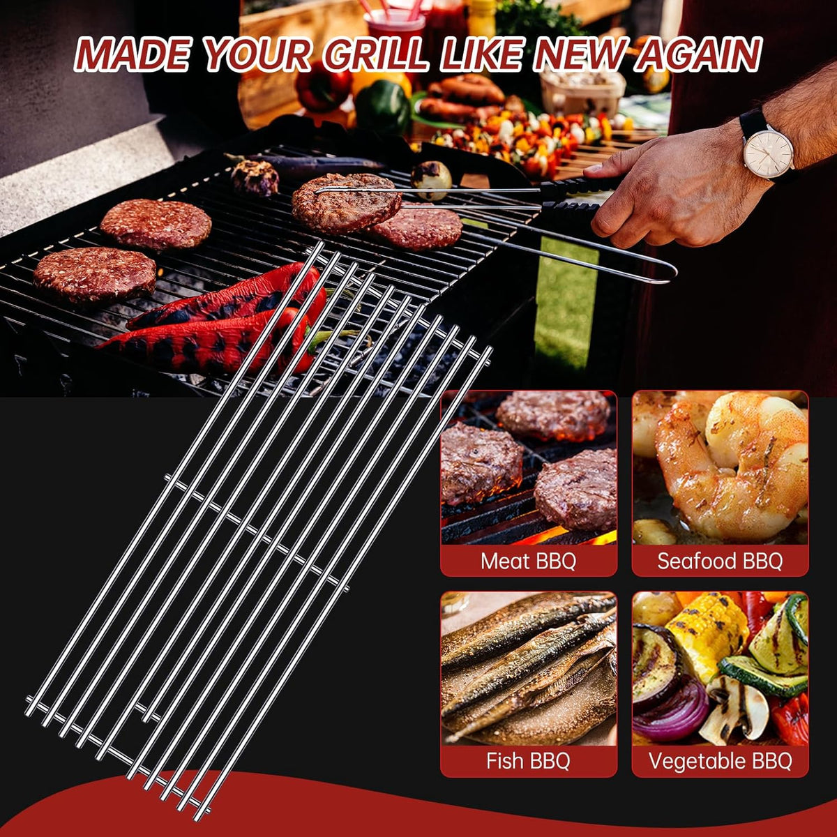 9MM 16517 Grill Grates Replacement for Bull Grill Replacement Parts, BBQ Bull Brahma 5 Burner 57568, 57569, 57568CE, 19” Lion Premium 40” 4 Burner L90000, 90000, 65073 Stainless Steel Grids