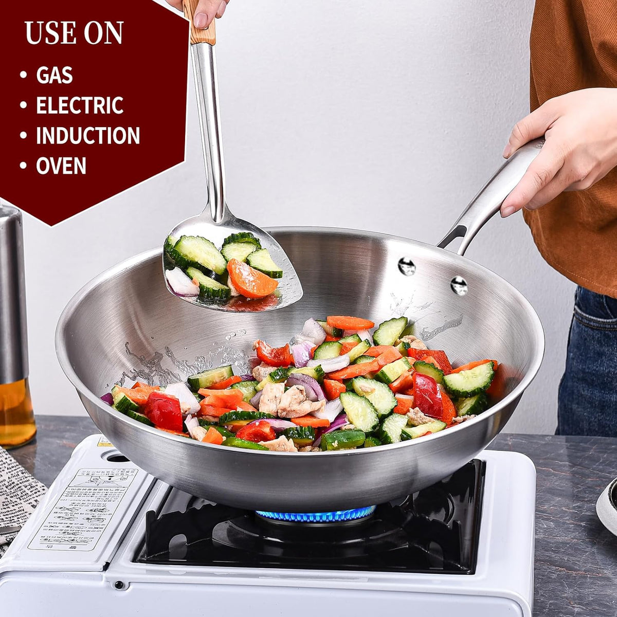 LOLYKITCH 10 Inch Tri-ply Stainless Steel Wok Pan with Lid,Dia.26 CM Stir-Frying Pan,Induction Cooking Pot,Heavy Duty,Dishwasher and Oven Safe,Riveted Handle.