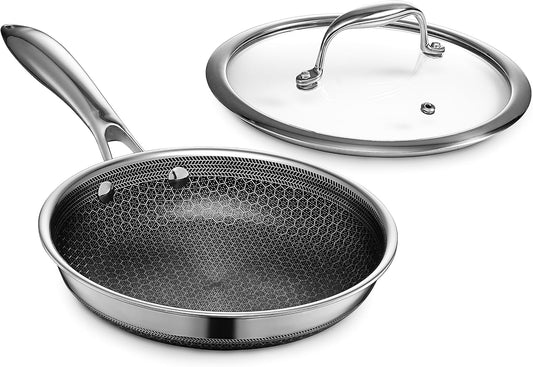 HexClad Hybrid Nonstick 8-Inch Frying Pan with Tempered Glass Lid, Stay-Cool Handle, Dishwasher-Friendly, Oven-Safe Up to 900°F, Induction Ready, Compatible with All Cooktops