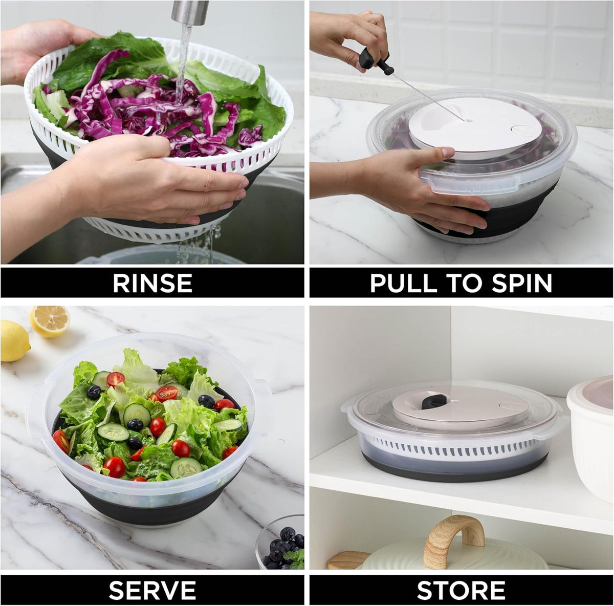 COOK WITH COLOR Collapsible Salad Spinner - 4 QT Space Saving Lettuce Dryer with Folding Collapsible Colander Great for Washing and Drying Fruit and Vegetables (Black)