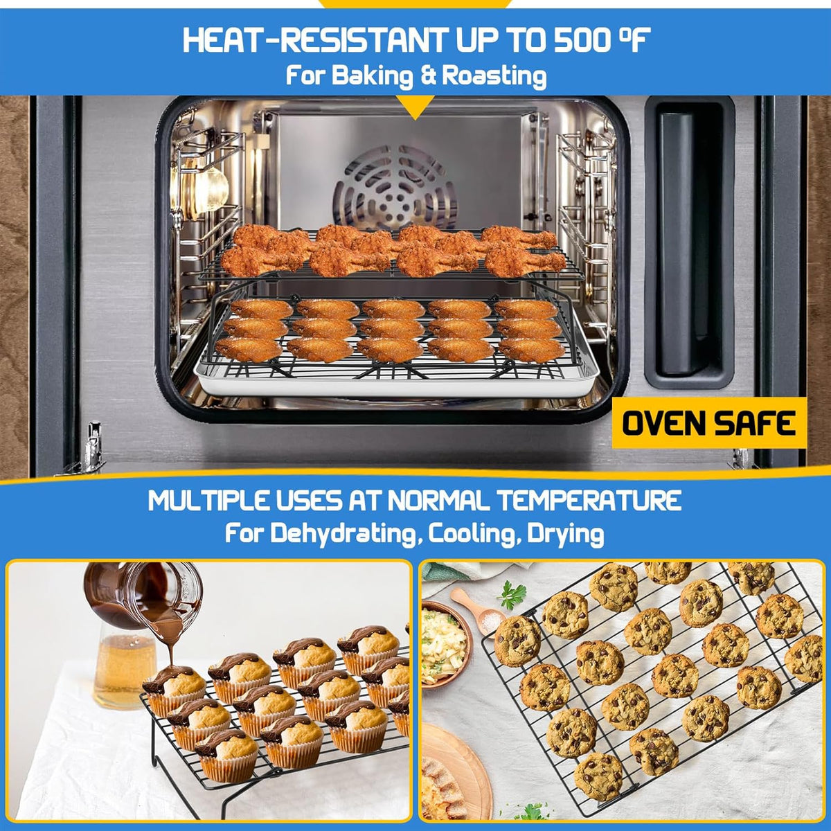 P&P CHEF 4-Tier Cooling Rack Set, Stainless Steel Stackable Baking Cooking Racks for Cooling Roasting Cooking, Raised & Folding Feet, Oven Safe & Easy Clean, 15" x 10", Black
